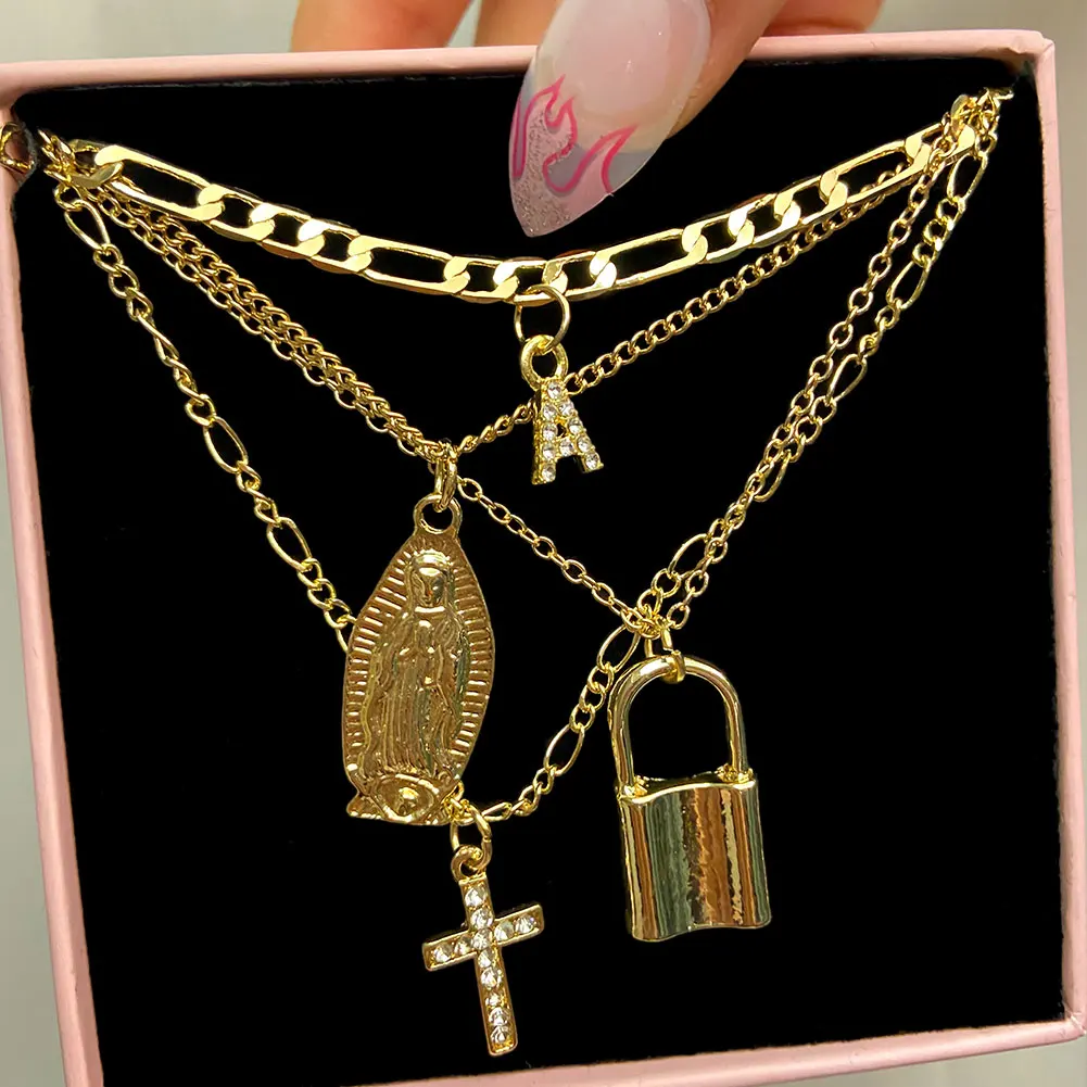

Gold Punk Multi-layer Crystal Letters Cross Charms Figaro Chain Necklaces Lock Portrait Pendants Long Chain Boho Women Jewelry