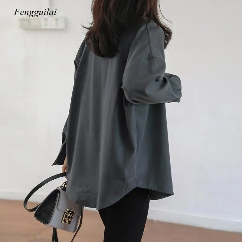 

Women's Retro Gray Spring and Summer New Style Long-Sleeved Notched Collar All-Match Shirt Women's Coat Ladies Loose Casual Fash
