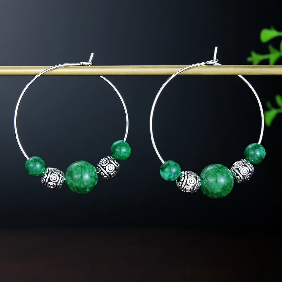 

Unusual Hoop Earrings with Natural Red Green Stone Tibetan Silver Beads Dangle Fashion Jewelry for Women Pendientes Wholesale