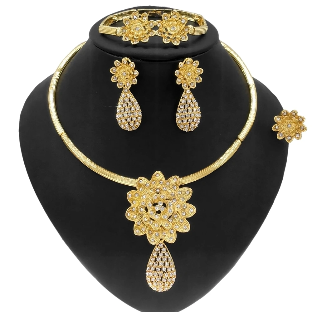 

Yulaili New Gold Plated Collars Crystal Jewelry Set Wholesale Women Fashion Design Hot Sale Necklace Spot 4-piece Jewellery Set