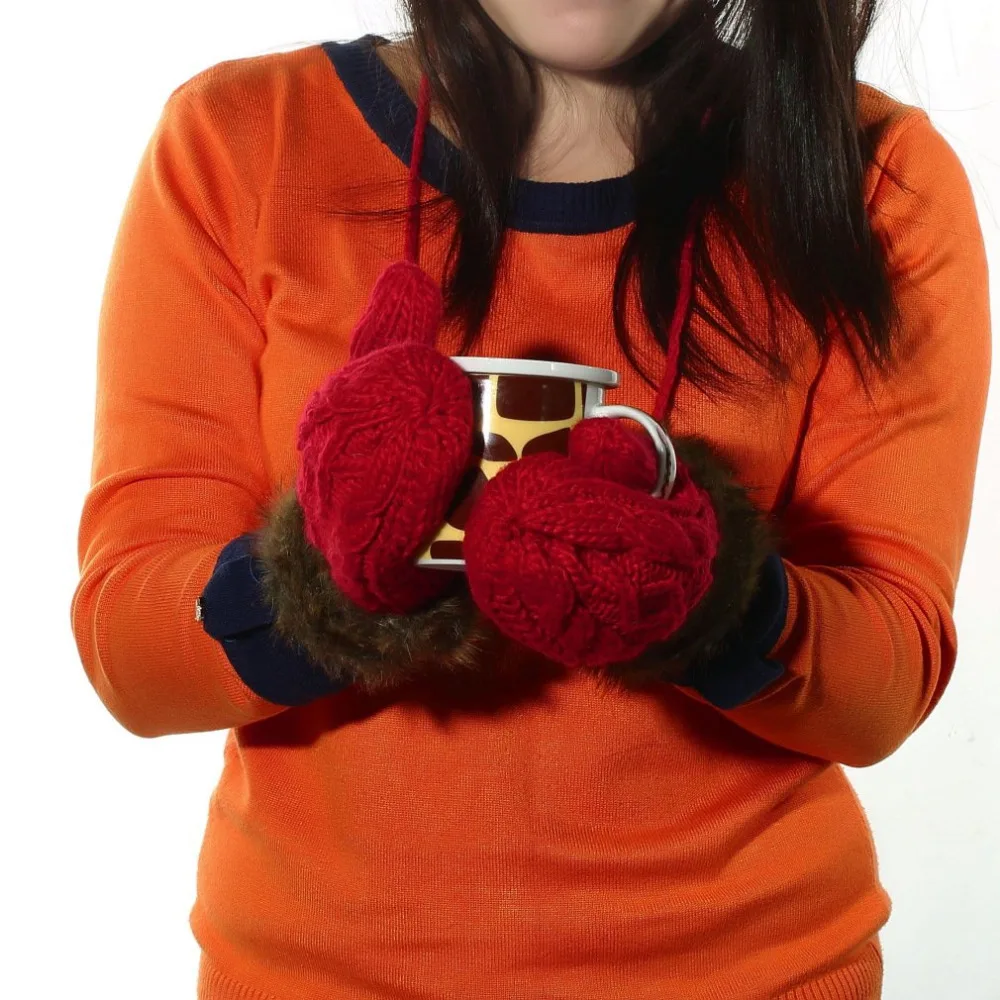 

Winter Warm Mittens Thick Knitted Weave Woolen Fur Halter Strap Gloves Girl