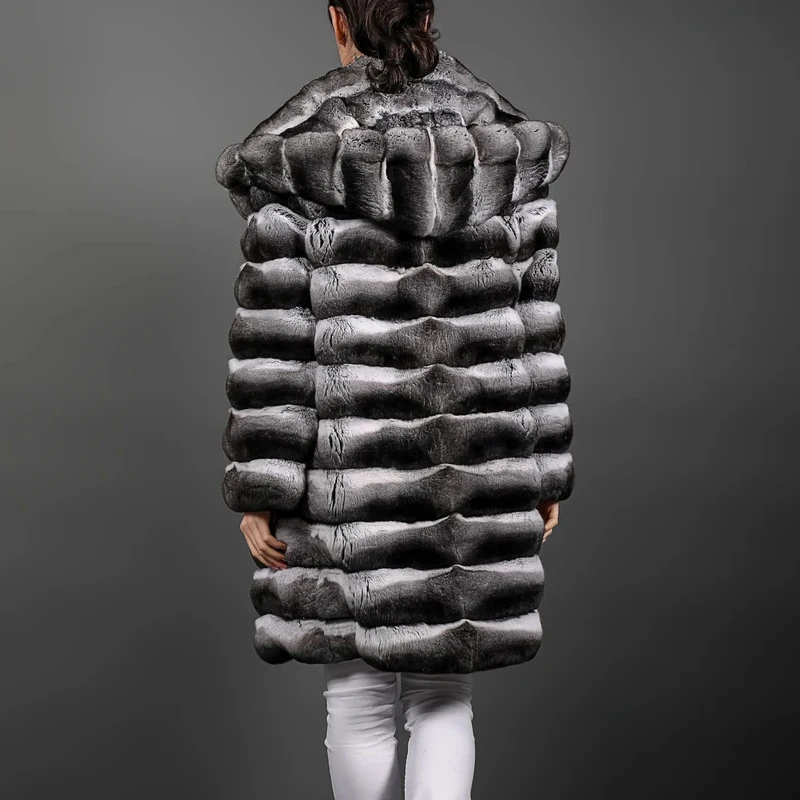 Winter Fashion Long Fur Coat With Hood Warm Overcoats Whole Skin Genuine Rex Rabbit Fur Jacket Chinchilla Color Fur Coats Woman
