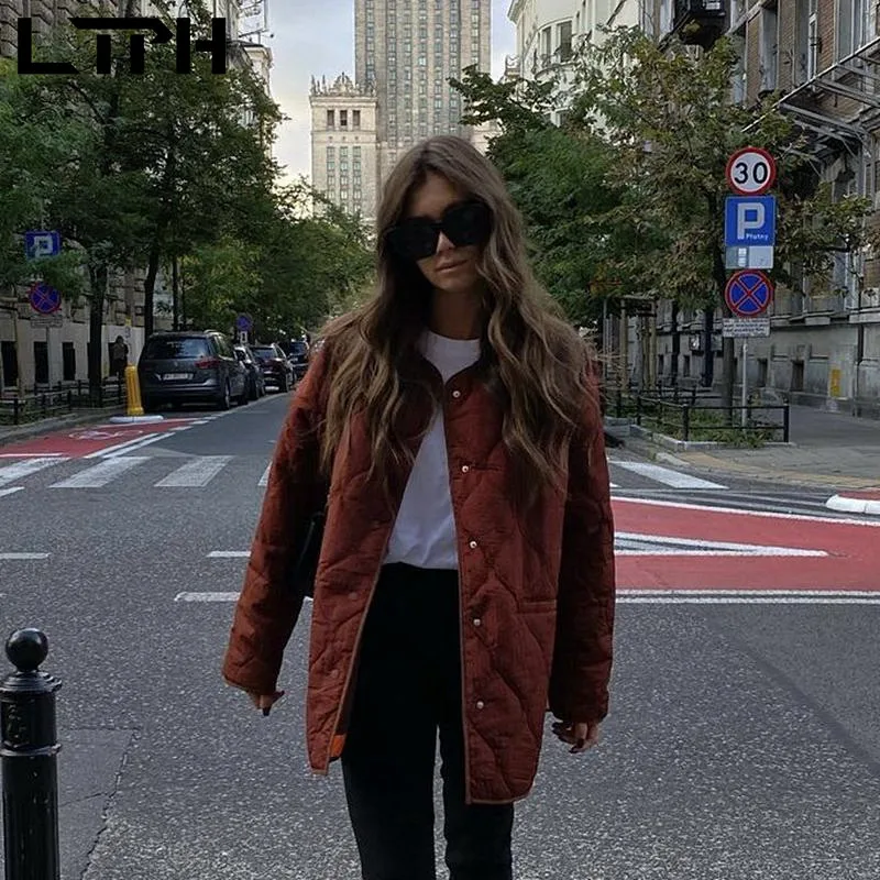 LTPH Brick red women parkas loose warm puffer jacket long sleeve single breasted vintage streetwear casual coat 2022 spring new