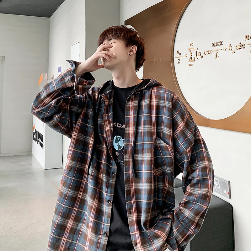 Шотландский мужской длинный рукав плед рубашки для мужчин с капюшоном рубашка