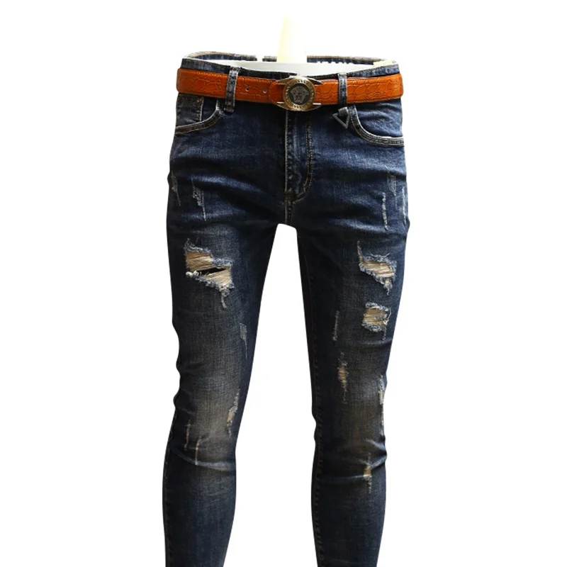 Fashion Mens Skinny Ripped Jeans Blue Midweight Jean Pencil Pants for Men Streetwear