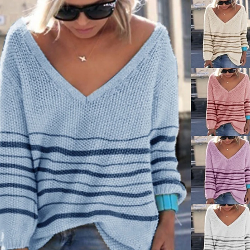 Зимние свитера для женщин новинка 2019 повседневные синие пуловеры в полоску с