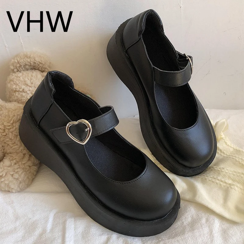

Women Patent Leather Shoes 2021 Spring Round Toe Janpanese Style Lolita Platform Flats Heart Buckle Black Mary Janes Girls Shoes