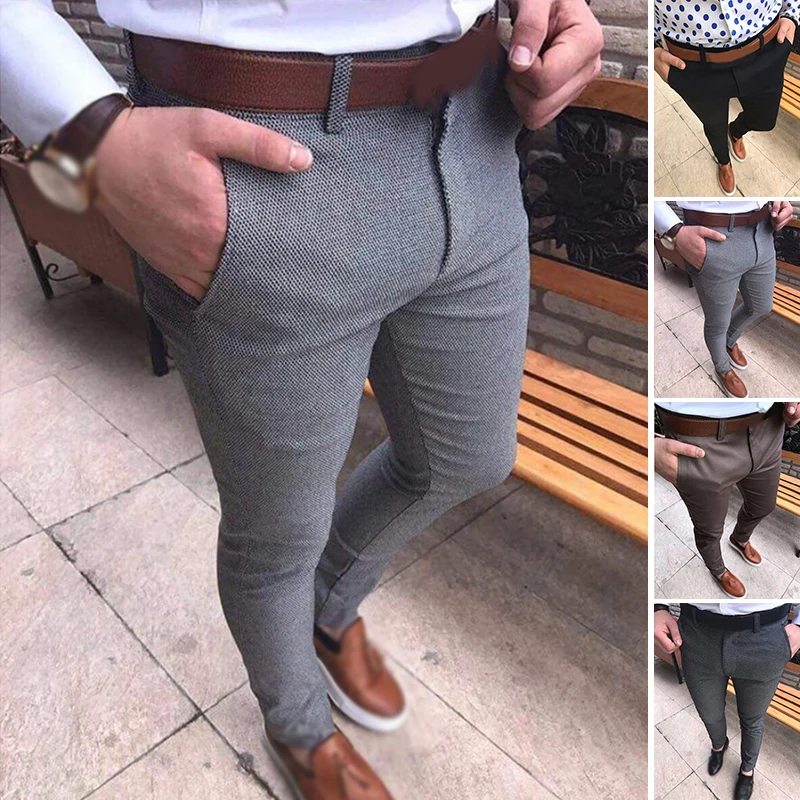 

Men Suit Pants Pocket Slim Pants Office Trousers Casual Zipper Fly Mid-Rise Solid Color Business Flat Pants