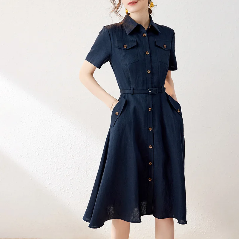 

Single Breasted Linen Shirt Dress Summer Short Sleeve High Waist Belt Apricot Dress Elegant Basic Solid Blue Midi Dresses Women