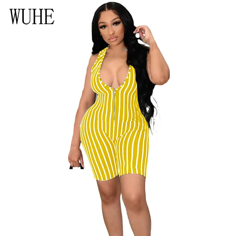 

WUHE Summer Streetwear V Neck Zipper Sleeveless Rompers Womens Jumpsuit Striped Bodycon Shorts Casual Sports Fitness Outfit