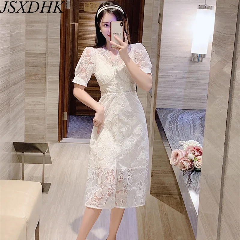 

JSXDHK Runway Luxury Summer Lace Party Dress Elegant Women's Diamonds Flower Embroidery White Puff Short Sleeve Slim Midi Dress