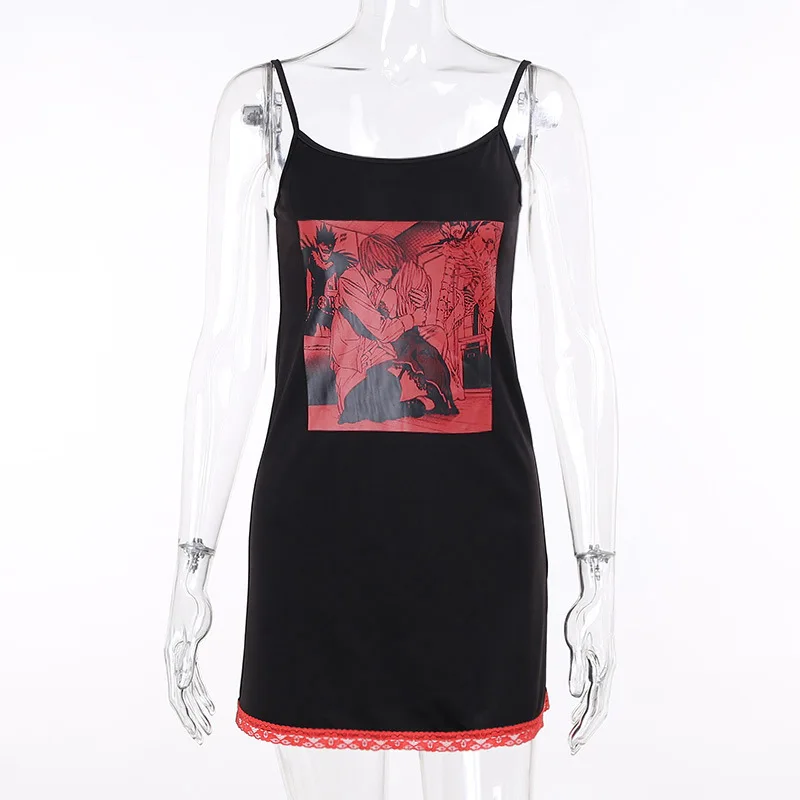 

Black Comics Printed Ruffle lace Suspender Dress Women Sexy Hip Summer Dress