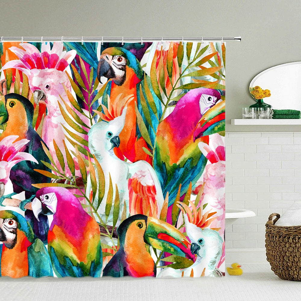 

3D Printed Fabric Colorful Toucan Shower Curtains Tropical Trees Plants Bath Screens Waterproof Bathroom Decor with 12 Hooks