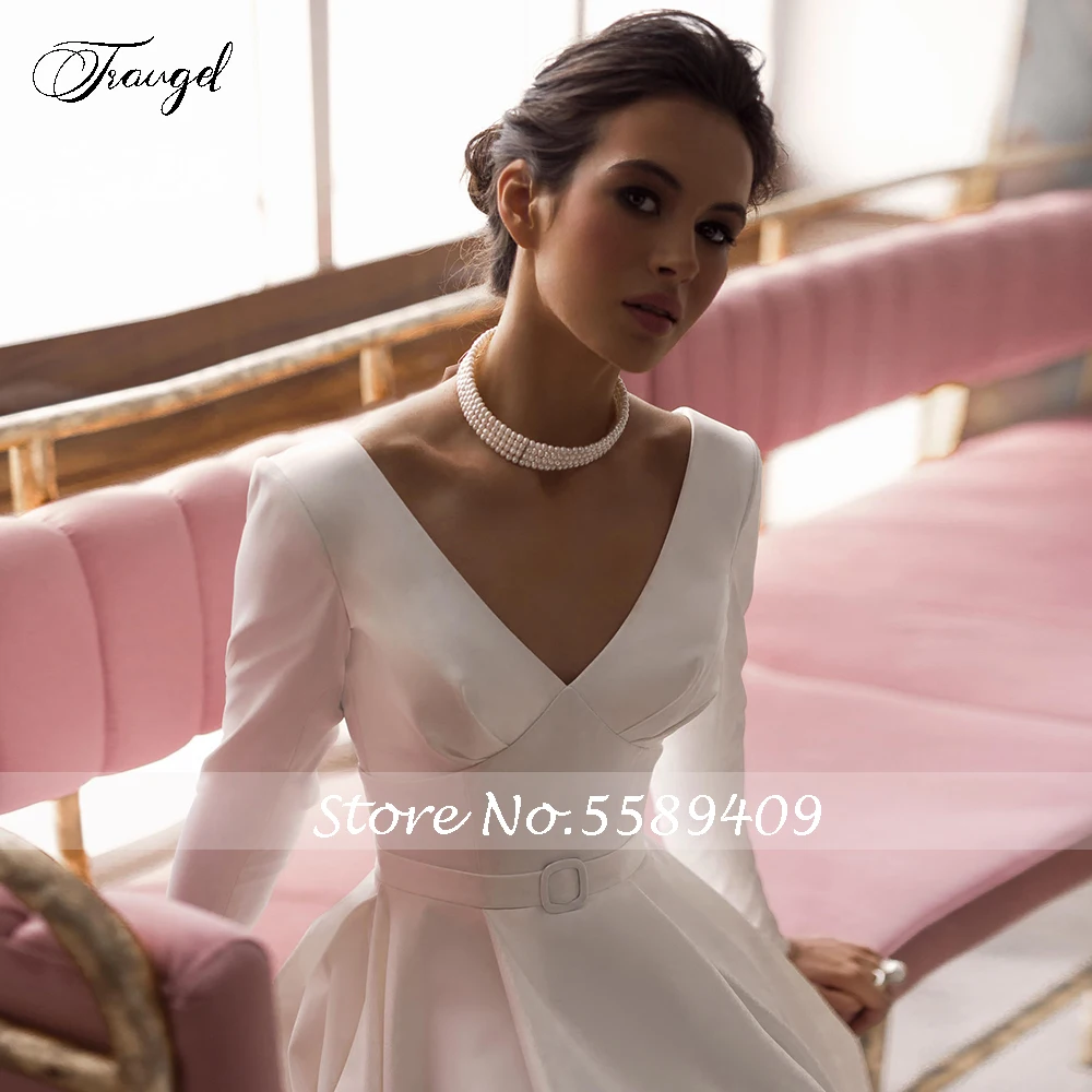 

Traugel Sexy V-Neck A Line Long Beach Wedding Dress Elegant Satin Long Sleeve Backless Bride Dress Floor-Length Sash Bridal Gown