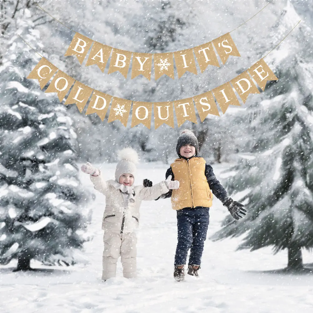 Jute Burlap Baby It's Cold Outside Banner Winter Shower Birthday Diaper Party Garland Mantel Fireplace Decoration |