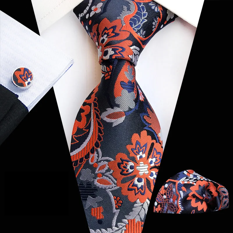 

New Clasic Navy Red Blue Tie for Men Silk Fabric Jacquard Woven Tie Hanky Cufflinks Set for Men Designer Fashion Silk Ties