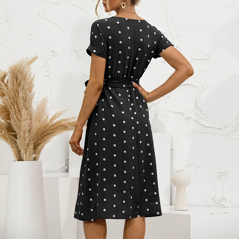 

2021 Casual Fashion Belt Office Lady Dress Female Short Sleeve O-neck Button Pink Long Dresses Women Summer Polka Dot Midi Dress