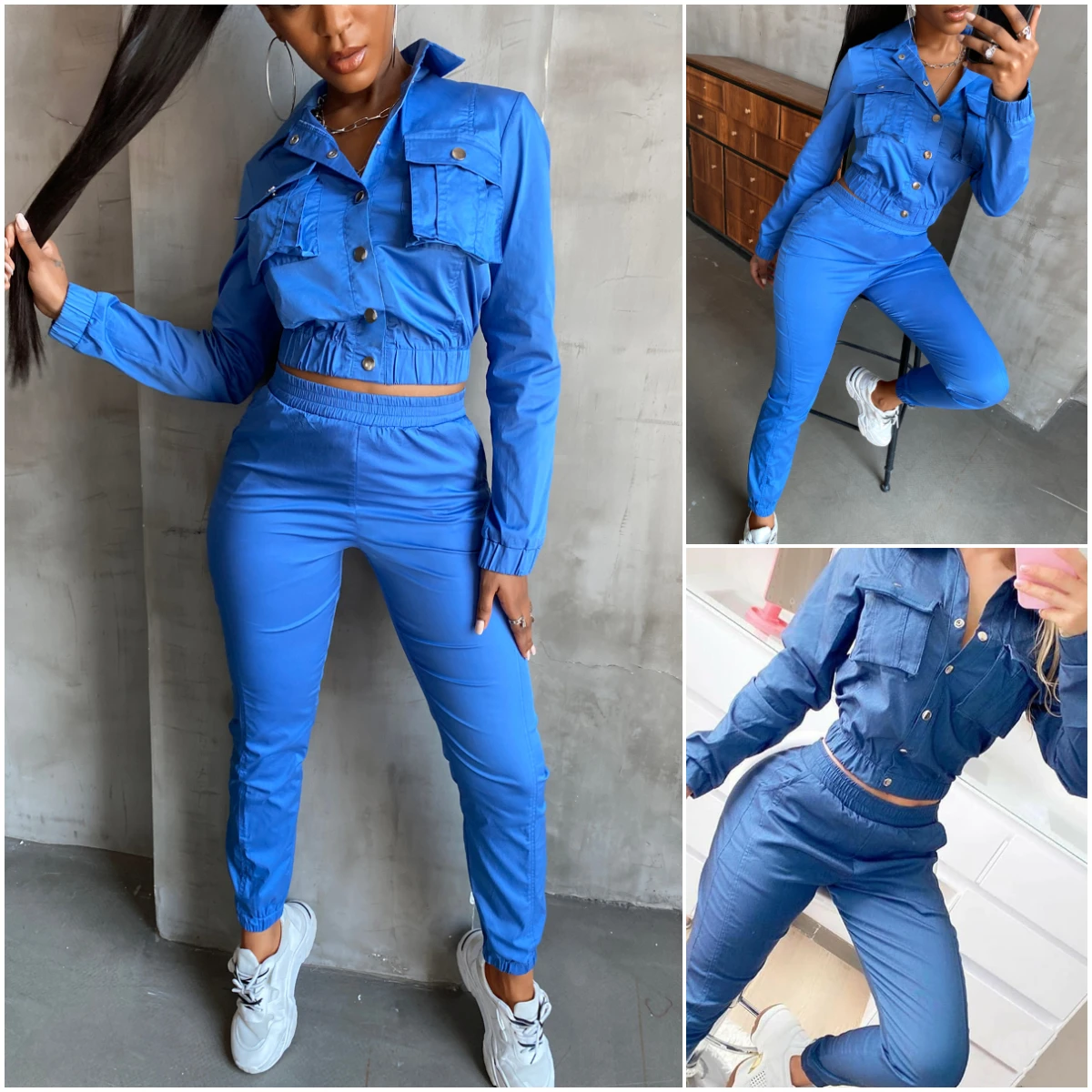 

Женский спортивный костюм из двух предметов, однотонная джинсовая рубашка с отложным воротником и длинным рукавом, укороченный топ и брюки,...