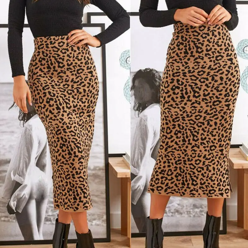 

New Women Leopard Print Midi Skirt Ladies High Waisted Autumn Summer Package Hip Pencil Skirts Elegant Woman Retro Fashion Skirt