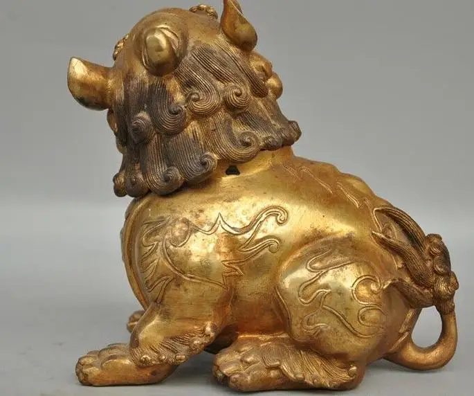 7 &quotКитайский фэн шуй Бронзовая позолоченная Статуя Льва собака фу собаки