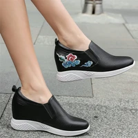punk trainers women genuine leather wedges high heel platform pumps shoes female embroider flowers fashion sneakers casual shoes