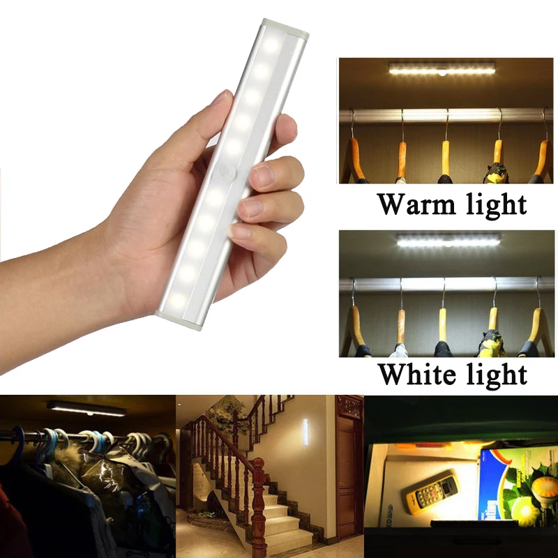 

s Wireless 10 LED USB Rechargeable Night Light Motion Sensor Light Under Cabinet Wardrobe Closet Kitchen Sensor Light Lamp
