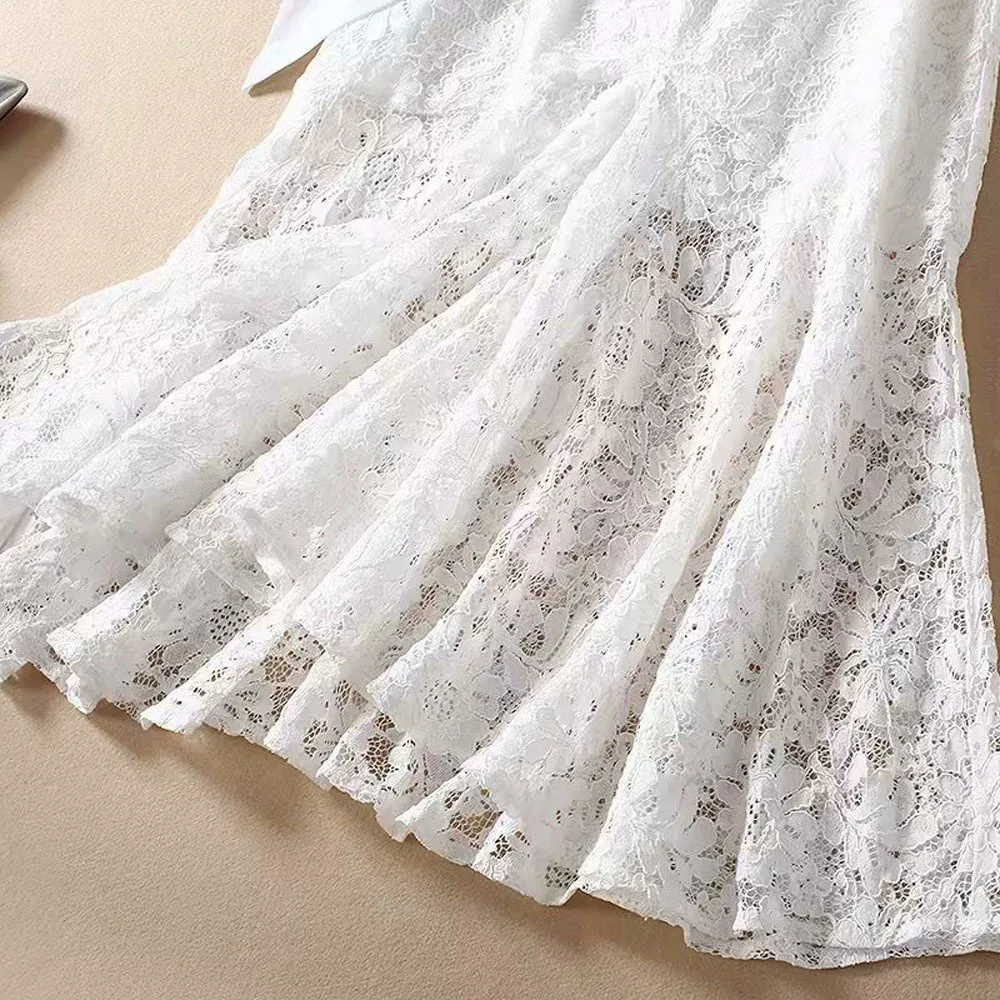 

Elegant White Lace Dress 2020 Spring Summer Party Evening Women Butterfly Sleeve Wide Belt Patchwork Midi Party Mermaid Dresses
