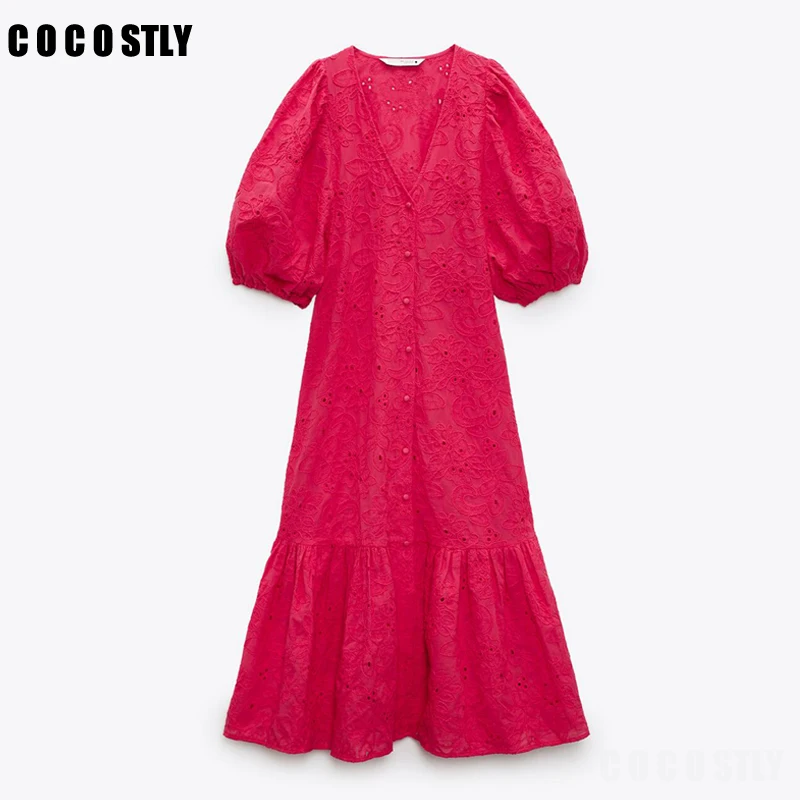 

New Summer Women Long Dress Embroidery Cotton Midi Dress Sexy V-Neck Hollow Out A-Line Party Dresses Ladies Vestidos Robe Mujer