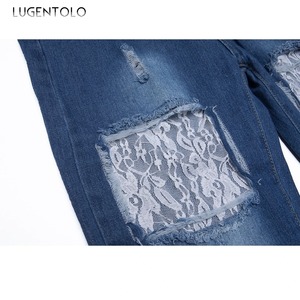 

Lugentolo Hole Jeans Woman Lace Stitching Mid Waist 2020 Summer New Fashion Button Fly Medium Full Length Jeans Street Style