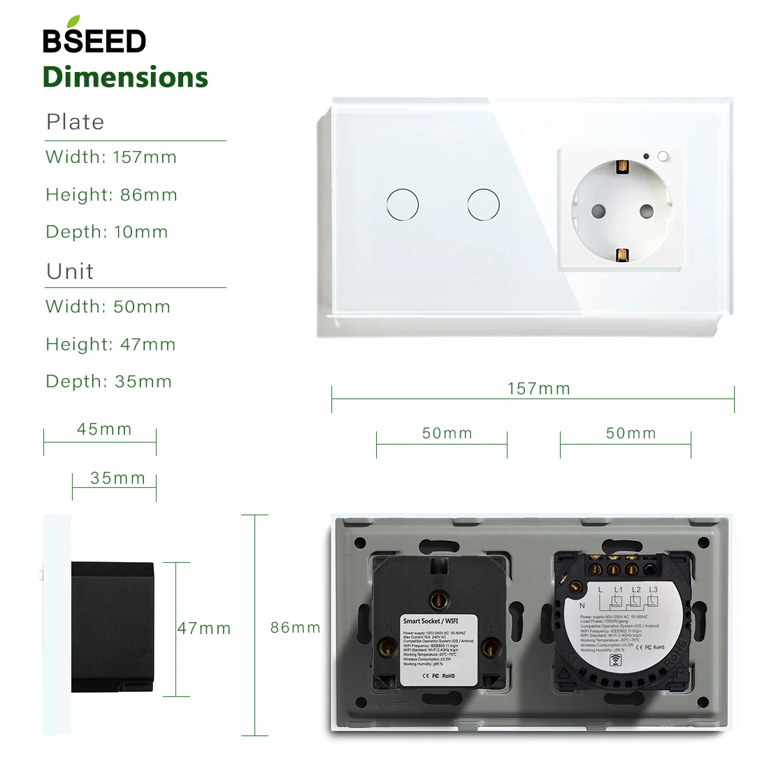BSEED 16A Wifi сенсорный выключатель 2 банды 1 способ ЕС Стандартный ЕС розетка с 3 цвета Кристалл Стекло Панель Умный переключатель