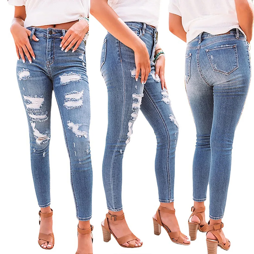 

Europe and the United States spring and summer new women's elastic hole high waist Leggings jeans pants