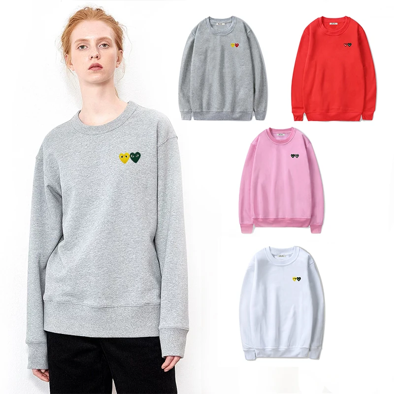 

Have Eyes Autumn Women Sweater Solid Color Round Neck Long Sleeve Double Heart Embroidered Sweater Casual Pullover Loose Sweater
