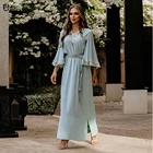 Женское вечернее платье с длинным рукавом, голубое платье в мусульманском стиле длиной до щиколотки, ТРАПЕЦИЕВИДНОЕ кружевное платье с бусинами, официальное платье