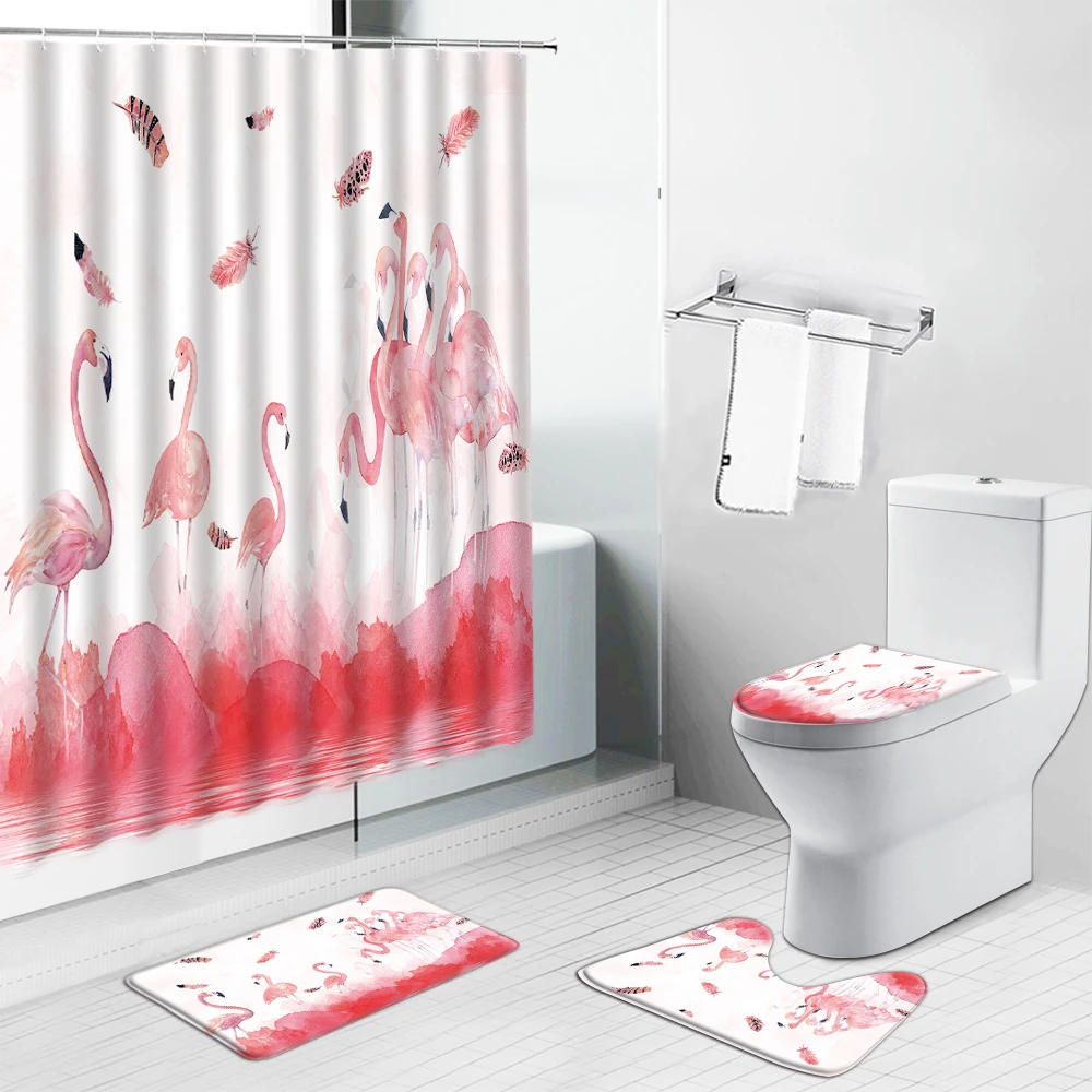 

Tropical Animal Flamingo Palm Tree Shower Curtain Non-Slip Rug Toilet Lid Cover Bath Mat Ocean Scenery Bathroom Curtains Carpet