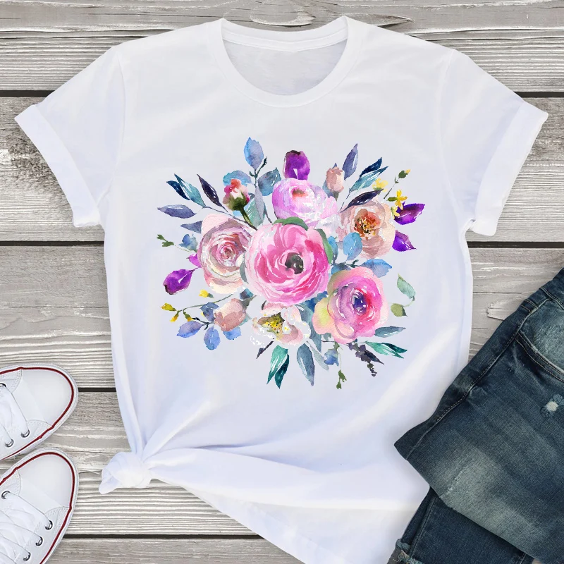 

Women Graphic Short Sleeve Summer Watercolor Flower Elegant Fashion Shirt Tees Clothing Tops Female T Shirt Womens T-shirt