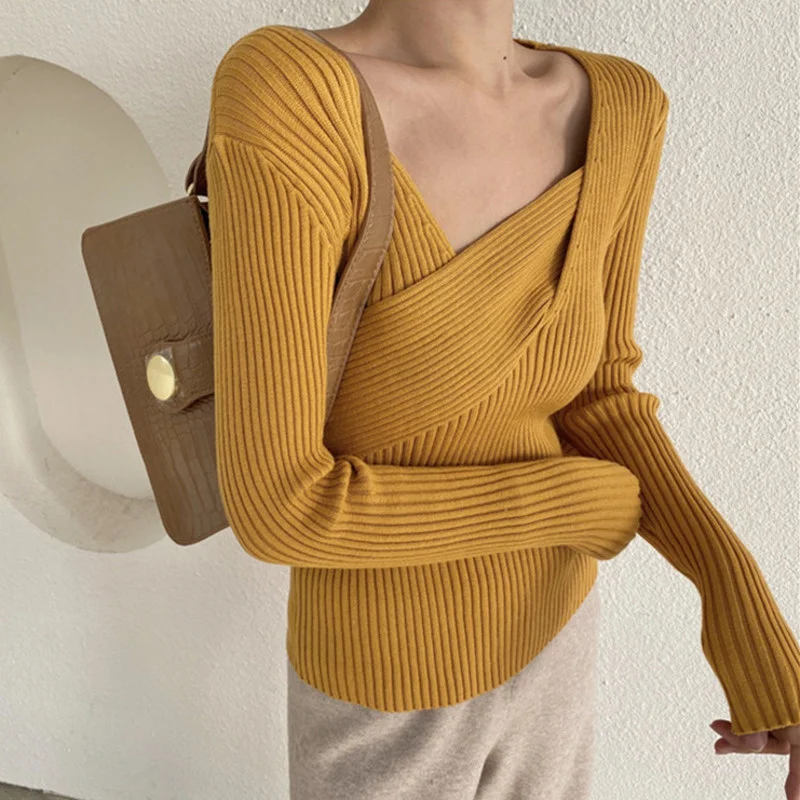 

2020 New Spring Autumn Fashion Korean Casual Knitted Top Women V-neck Long Sleeve Sweater Bottoming Knitted Pullover Pull Femme