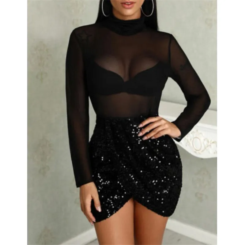 Женское облегающее Сетчатое платье черные вечерние платья мини с длинными