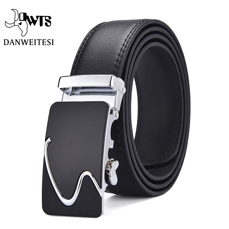 DWTS-Cinturón de cuero genuino con hebilla automática para hombre, cinturón masculino de calidad, color negro