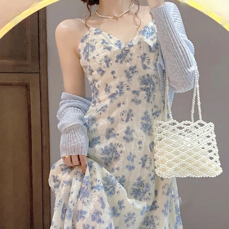 

Французский 2021 летнее платье без рукавов Повседневные Платья с цветочным принтом для женщин в Корейском стиле Модные v-образный вырез сексу...