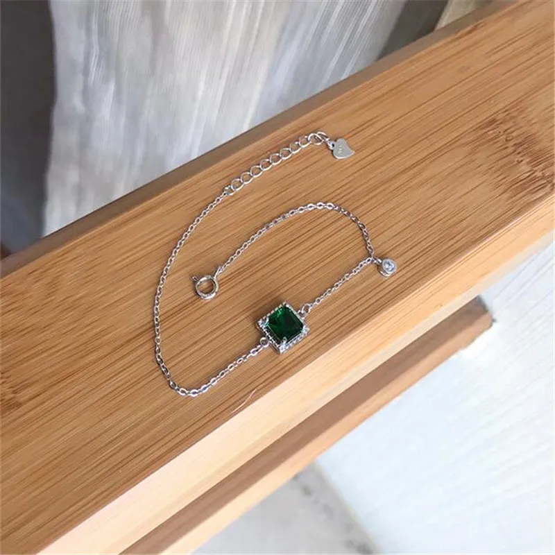 

New Personality Temperament Geometric 925 Sterling Silver Jewelry Not Allergic Square Green Crystal Sweet Gift Bracelets SB162