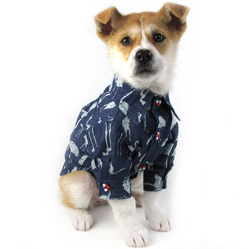 

New Pet Tide Brand Spring Stripe Dog Shirt Printed Denim Suit Teddy Cat Puppy Clothes Letter Dog Coat Chihuahua Clothing