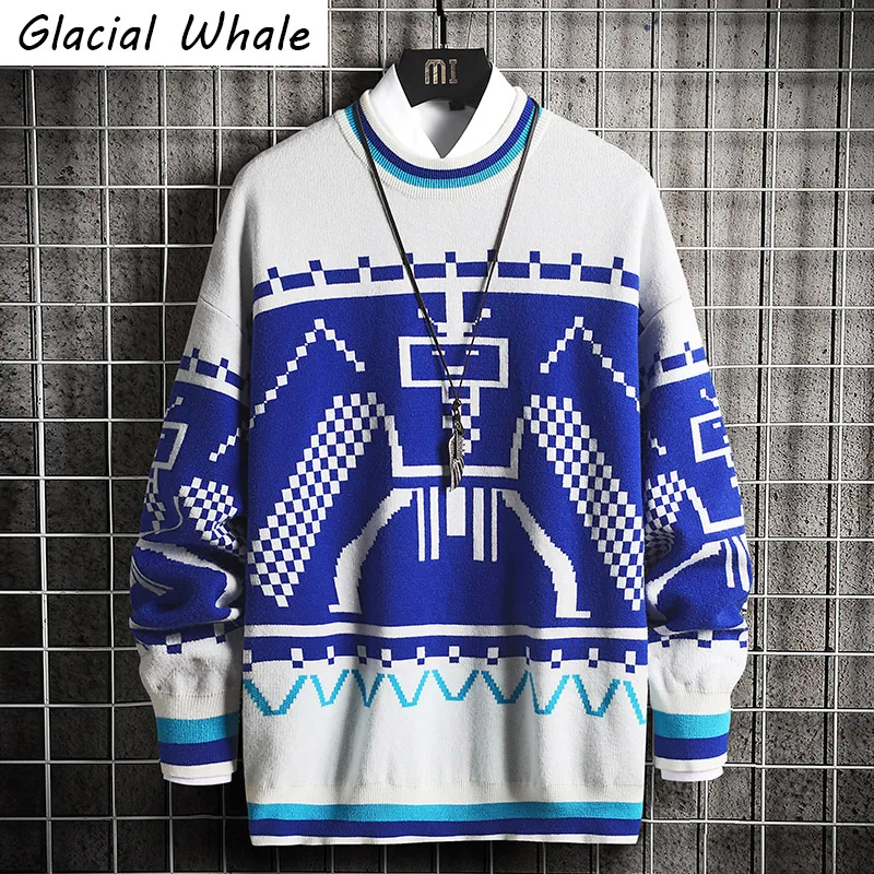 

GlacialWhale Mens Knitted Sweater Men 2020 Winter Vintage Patchwork Sweaters Pullover Jumper Harajuku Korean Blue Sweater Men