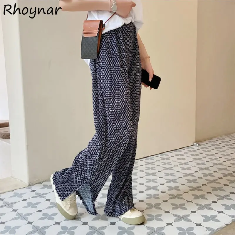 

Casual Pants Women Argyle Panelled Side-slit Design Summer Comfort Aesthetic Vintage Prevalent All-match Wide Leg Baggy Femme BF