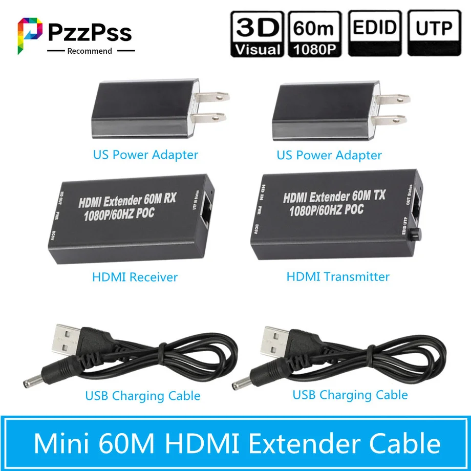 

PzzPss Mini 60M HDMI Extender Cable (Transmitter & Receiver) Over signle RJ45 Cat5e Cat6 Ethernet HDMI Sender & Receiver for PC