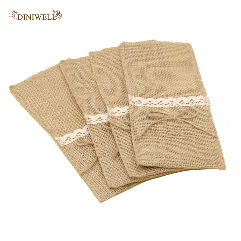 Мешковина льняной кружевной мешочек для столовых приборов рустикальная