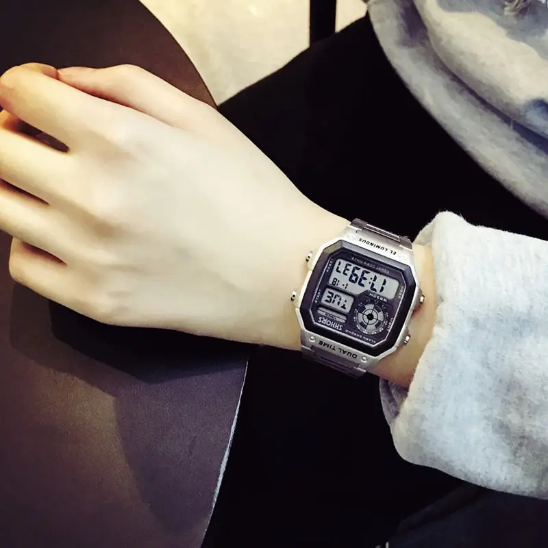 Цифровые часы мужские спортивные квадратные наручные полностью из нержавеющей