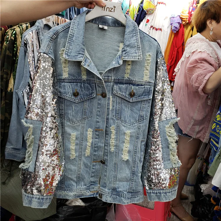 Женское джинсовое пальто с блёстками свободное в стиле Харадзюку на осень