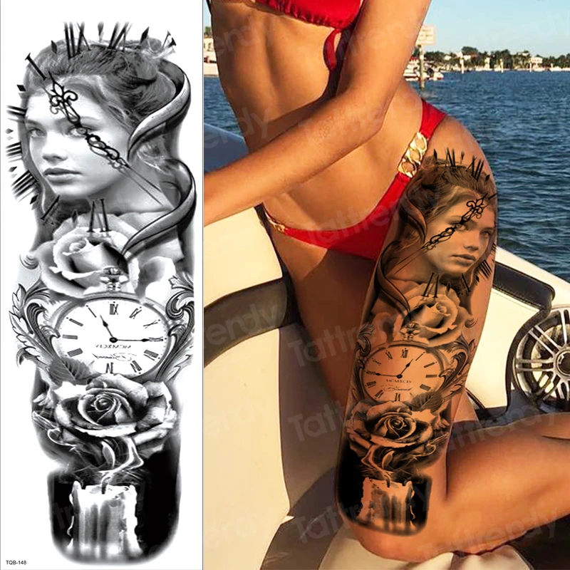 

Водостойкая временная татуировка с длинным рукавом, большие черные часы, Готическая татуировка с длинным рукавом, Сексуальная Татуировка д...