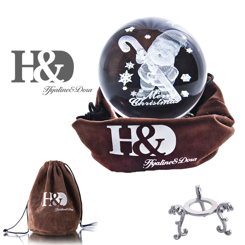Santa Claus crutch H& D 60 мм/80 мм 3D лазерная гравировка шар Санта Клауса Коллекционная миниатюрная Сфера с металлической подставкой Рождественский подарок детский домашний декор - Цвет: Santa Claus crutch