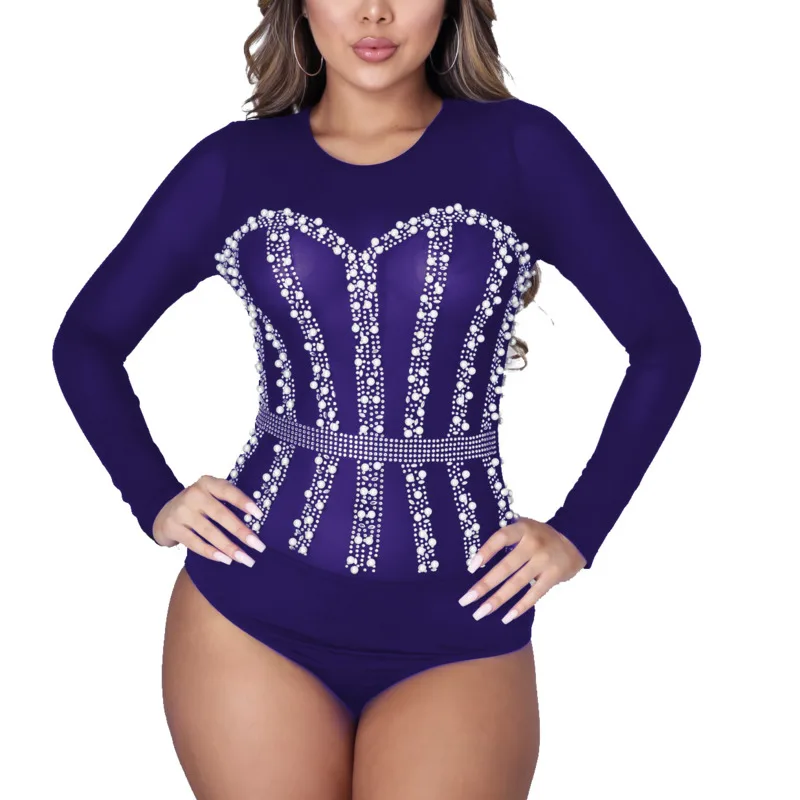 

Women Sexy Fashion See Through O Neck Beading Mesh Bodysuit One Piece Designer Long Sleeve High Street Party Bodysuit